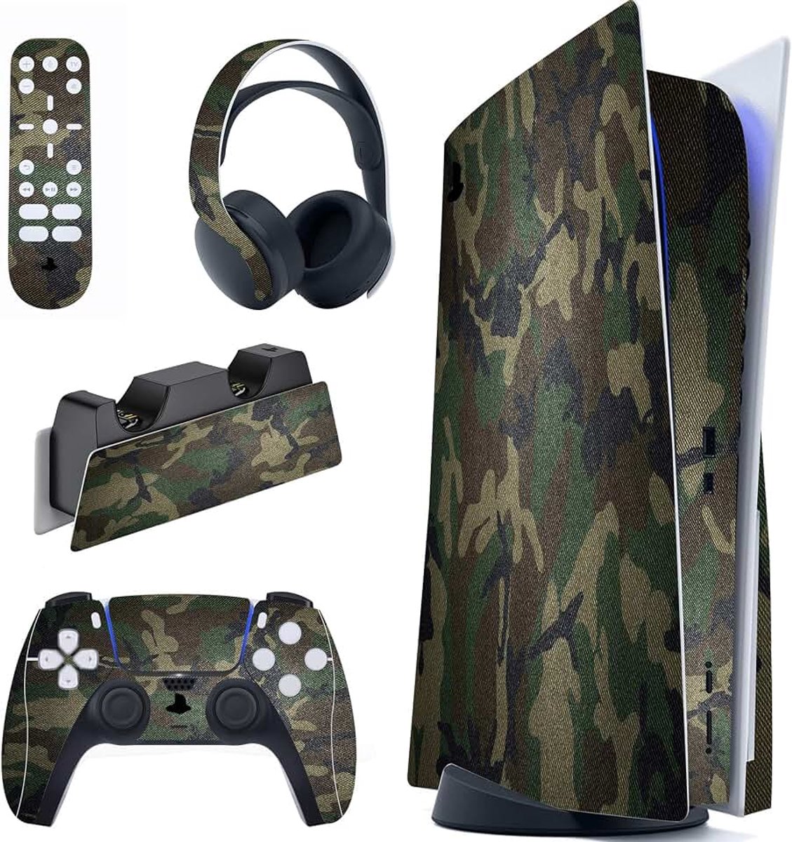Huid Beschermhoes Folie Cover voor ps5 Controller & Disc Edition Console, Skin Vinyl Sticker Decal voor ps5 Laadstation & Headset en Media Remote (Legergroen Camouflage)