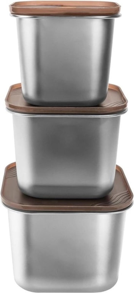 Voedselopslagcontainers set - maaltijdbereiding - stapelbaar - roestvrij staal - deksels - vriezer tot ovenbestendig - geschikt voor 3 stuks - zilverkleurig