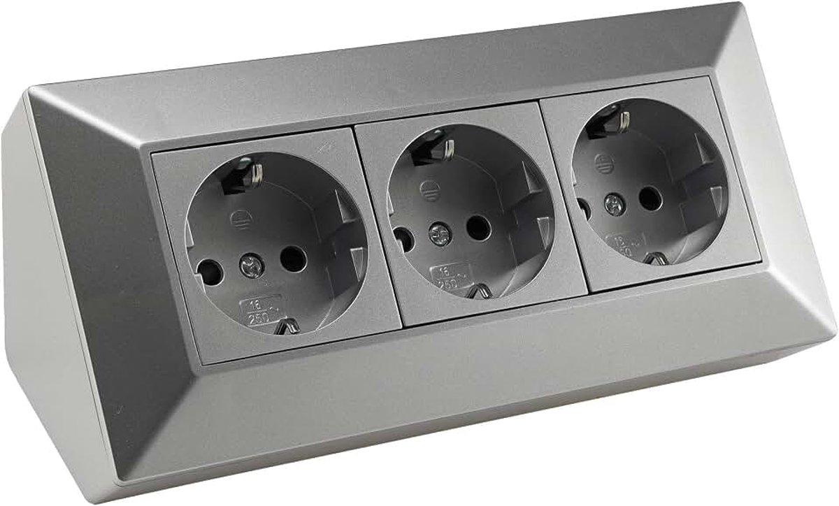 Stekkerblok, hoekstopcontact, 3-voudig, 230 V, meervoudig stopcontact, onderbouwstopcontact voor keuken, werkplaats, zilverkleurig