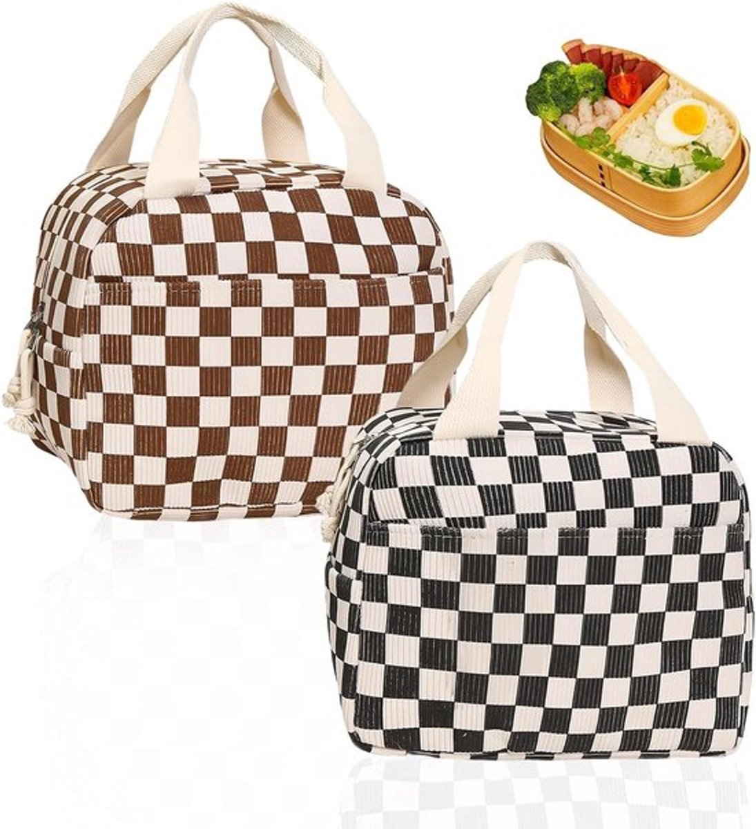 Opvouwbare lunchtas met ruitpatroon voor dames en kinderen - isoleertas voor kantoor, school en camping - draagbare tas voor lunch - ideaal voor onderweg - 2 stuks