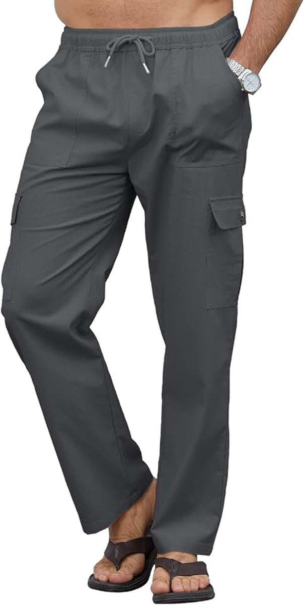 Cargobroek voor heren, zomer, van linnen, lichte zomerbroek met zijzakken en elastische tailleband, comfortabel en veelzijdig voor zomer en reizen
