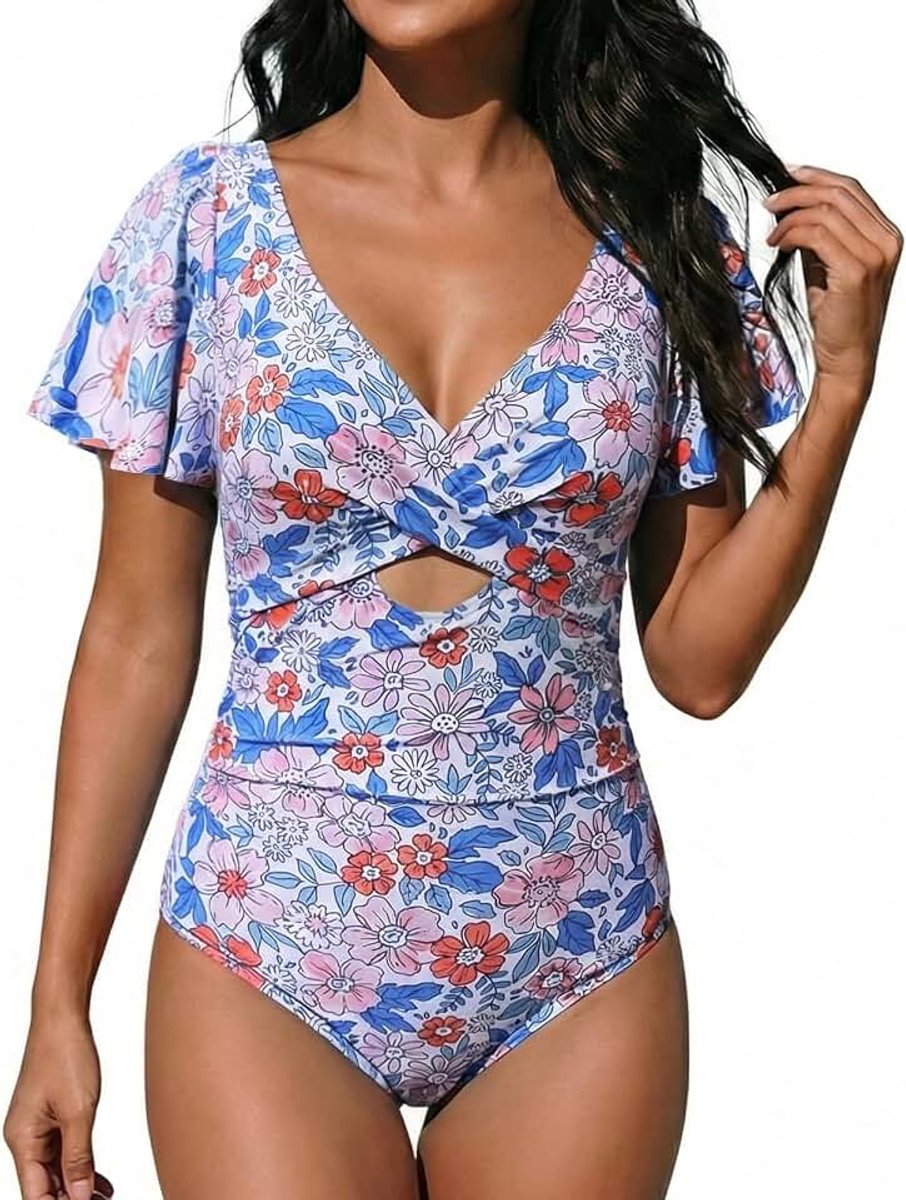 Badpak voor dames, buikweg, ruches, eendelig, V-hals, badkleding, push-up, hoge monokini met buikcontrole, zwempak, cross swimwear