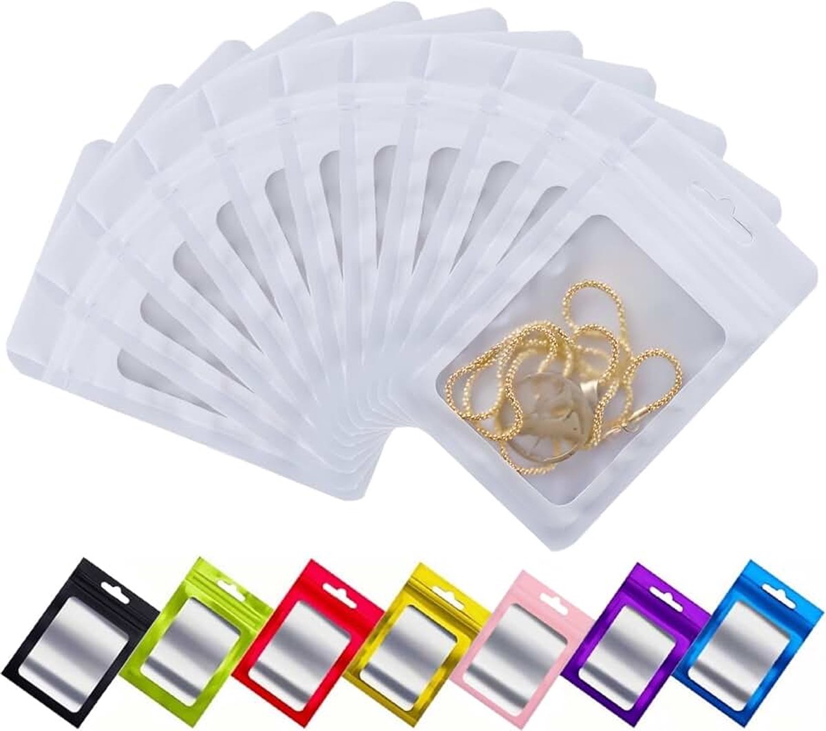 50 stuks Hersluitbare Mylar Zak, Ritssluiting Plastic Zakjes voor Voedsel, Rits Zakken met Doorzichtig Venster, Ziplock Zakjes met Kleurverpakking (Wit, 8 x 13 cm)