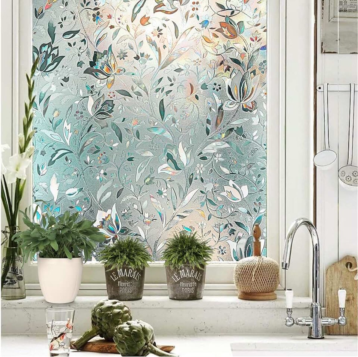 Raamfolie HR++ 90x200cm – Glas in Lood Bloemen met 3D Regenboog Effect – Statisch, Zonwerend & Isolerend – Anti Inkijk voor Dubbelglas
