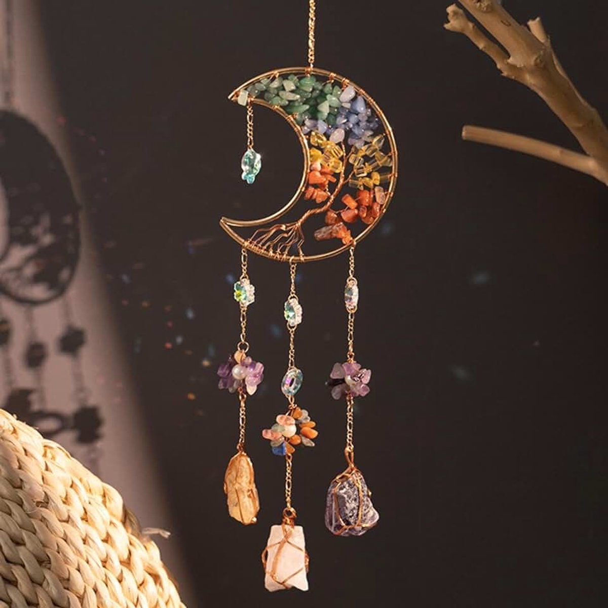 Crystals Tree of Life Dream Catchers, natuurlijke edelsteen agaat wandkleden voor ramen tuin woondecoratie (kleurrijke maan boom des levens)