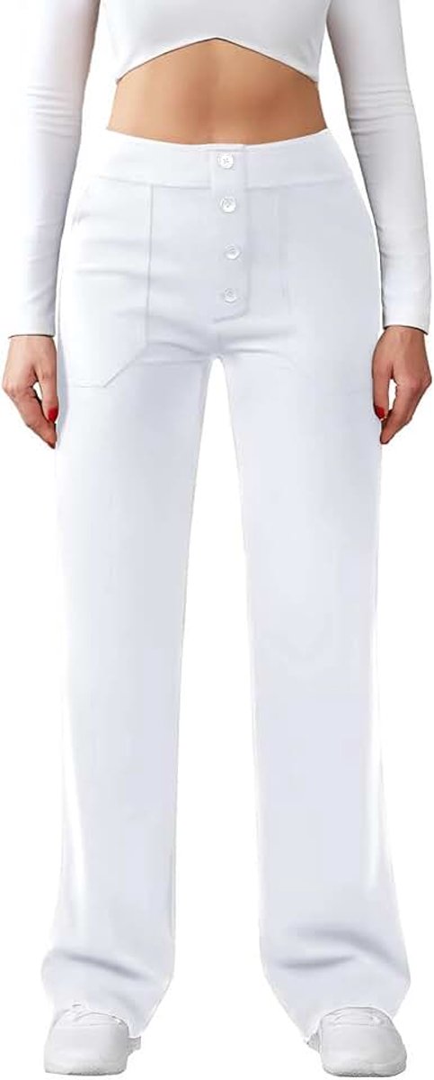 Damesbroek met hoge taille, wijde broek met knoop, rechte pijpen, casual werkbroek, stretch, yogabroek met zakken