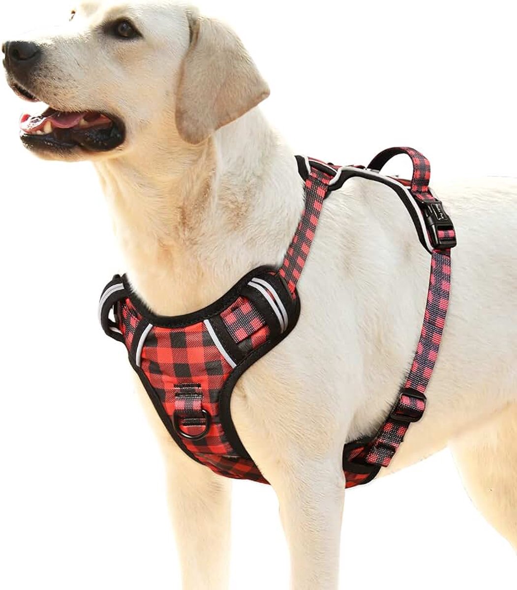 Hondentuig Hondenharnas voor Grote Honden No Pull Hond Harnas met Handvat Hondentuig Reflecterende Verstelbare Huisdier Vest voor Buitentraining Wandelen, Plaid Zwart Rood, XL