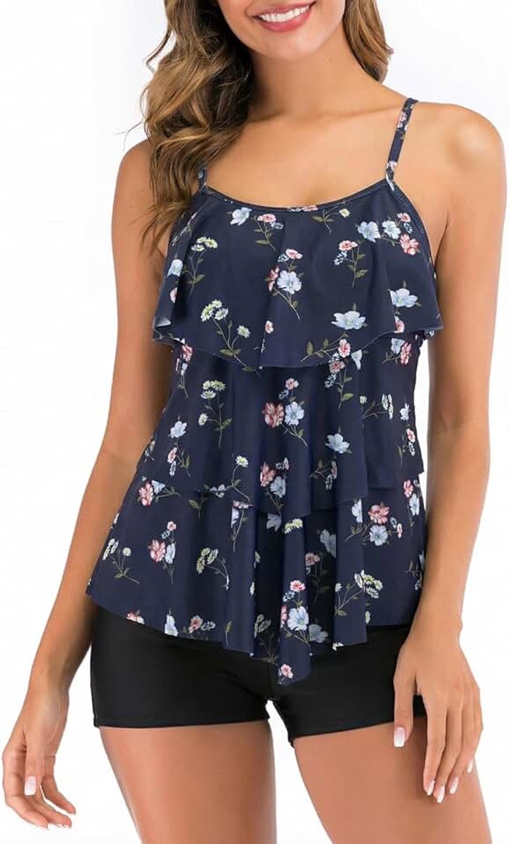 2 Stuk Tankini Badpakken Volant Gedrukt Top Met Boyshorts Plus Size Badmode Badpak