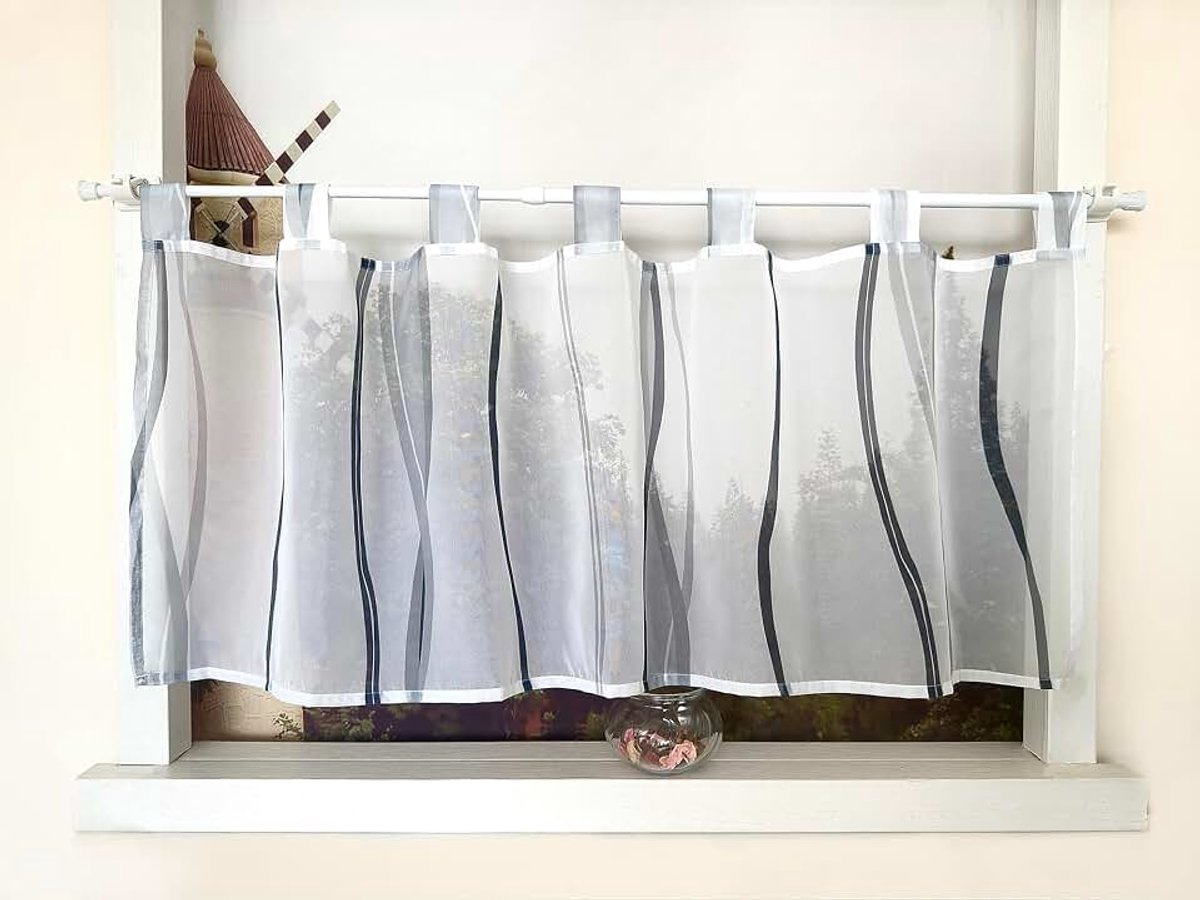 Vitrage met golfpatroon Gardine Print Korte gordijn met lussen Keukengordijn Kort Modern Voile Bistrogordijn Transparant HxB 60x120cm Grijs 1 stuk