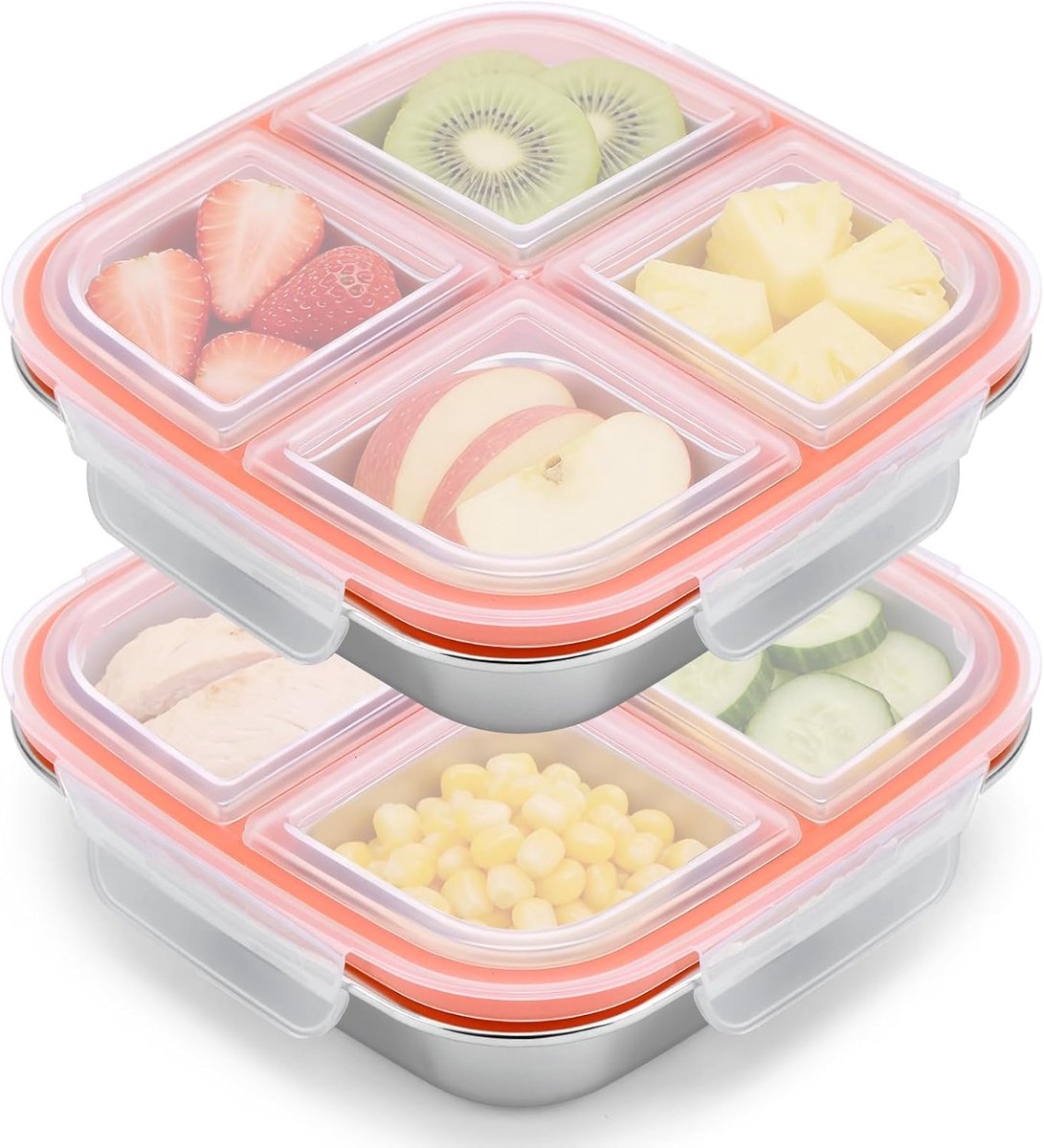 Lunchbox - 600 ml - Roestvrij Staal - Waterdicht en Lekvrij - Herbruikbaar - Voor Fruit, Groenten, Vlees, Snoep, Noten - 2 Stuks - Met 4 Vakken