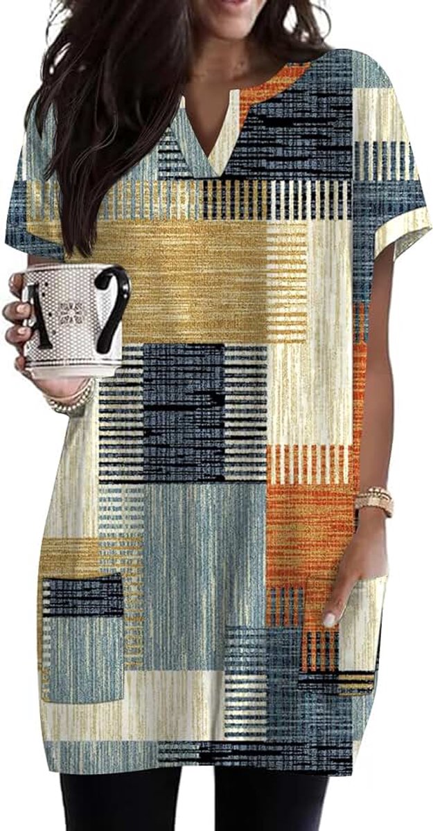 Dames tuniek tops voor leggings korte mouw V-hals oversized T-shirt met zakken casual zomer longshirt
