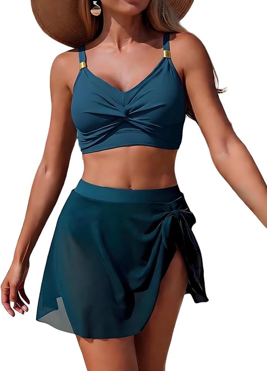 Dames set met mesh rok V-hals tweedelig badpak hoge taille buikweg bikini badmode