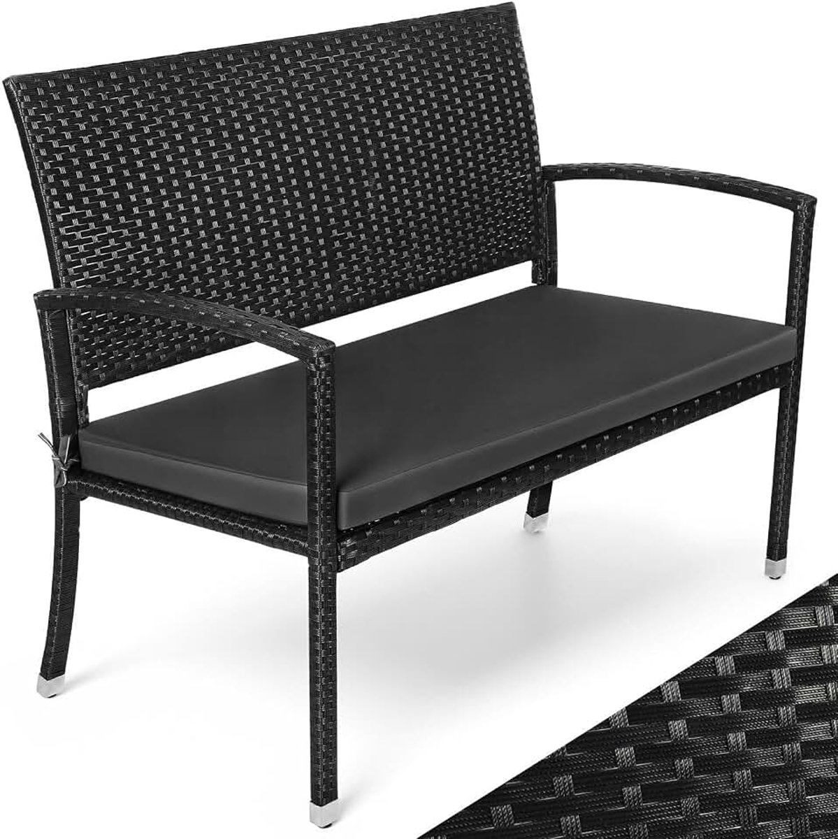 Weerbestendig met kussen, polyrotan balkonbank 2-zits, 112 x 58 x 90 cm, outdoor bank tot 227 kg belastbaar, zitbank met rugleuning en armleuningen, zwart