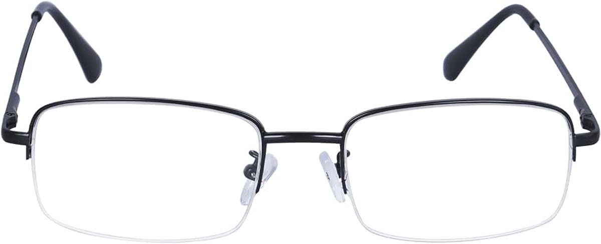 Leesbril voor heren, half montuur, rechthoekig metalen frame, heldere lens + brilband