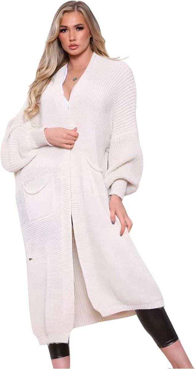 Gebreid vest voor dames, open voorkant ballonmouwen lange vesten voor vrouwen, UK, winter maxi jas met zakken, warme oversized herfsttrui