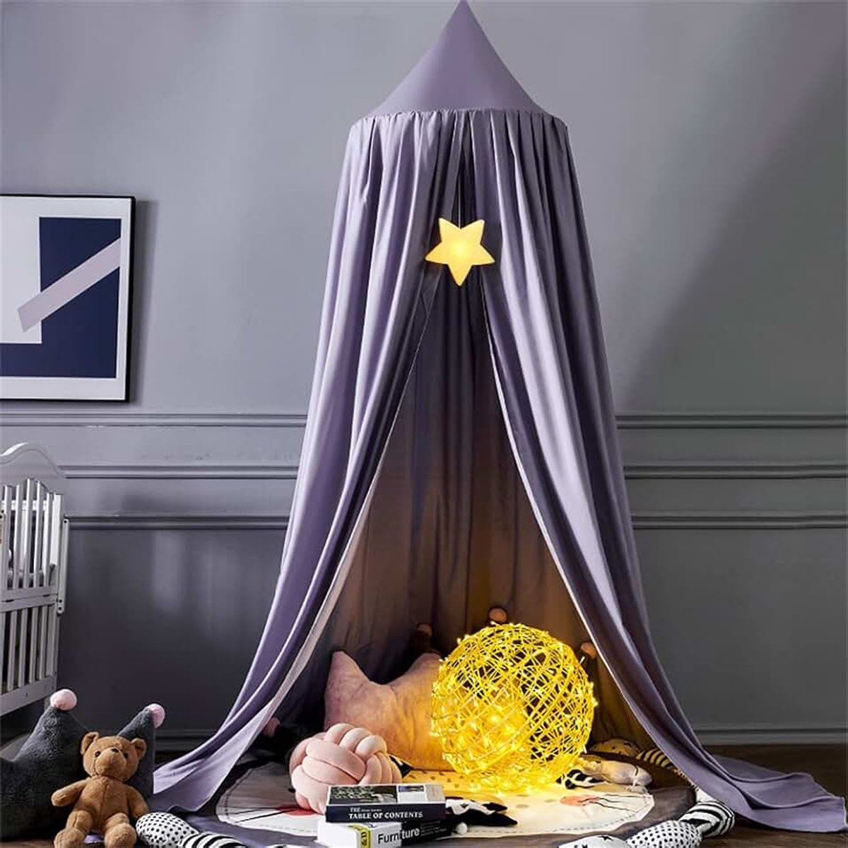 Bedhemel voor baby's kinderen, muggennet, gordijn baldakijn, romantisch, prinses, bedtent, eenkleurig, decoratie voor slaapkamer, kleedkamer, lezen, speelhuis (donkerpaars)