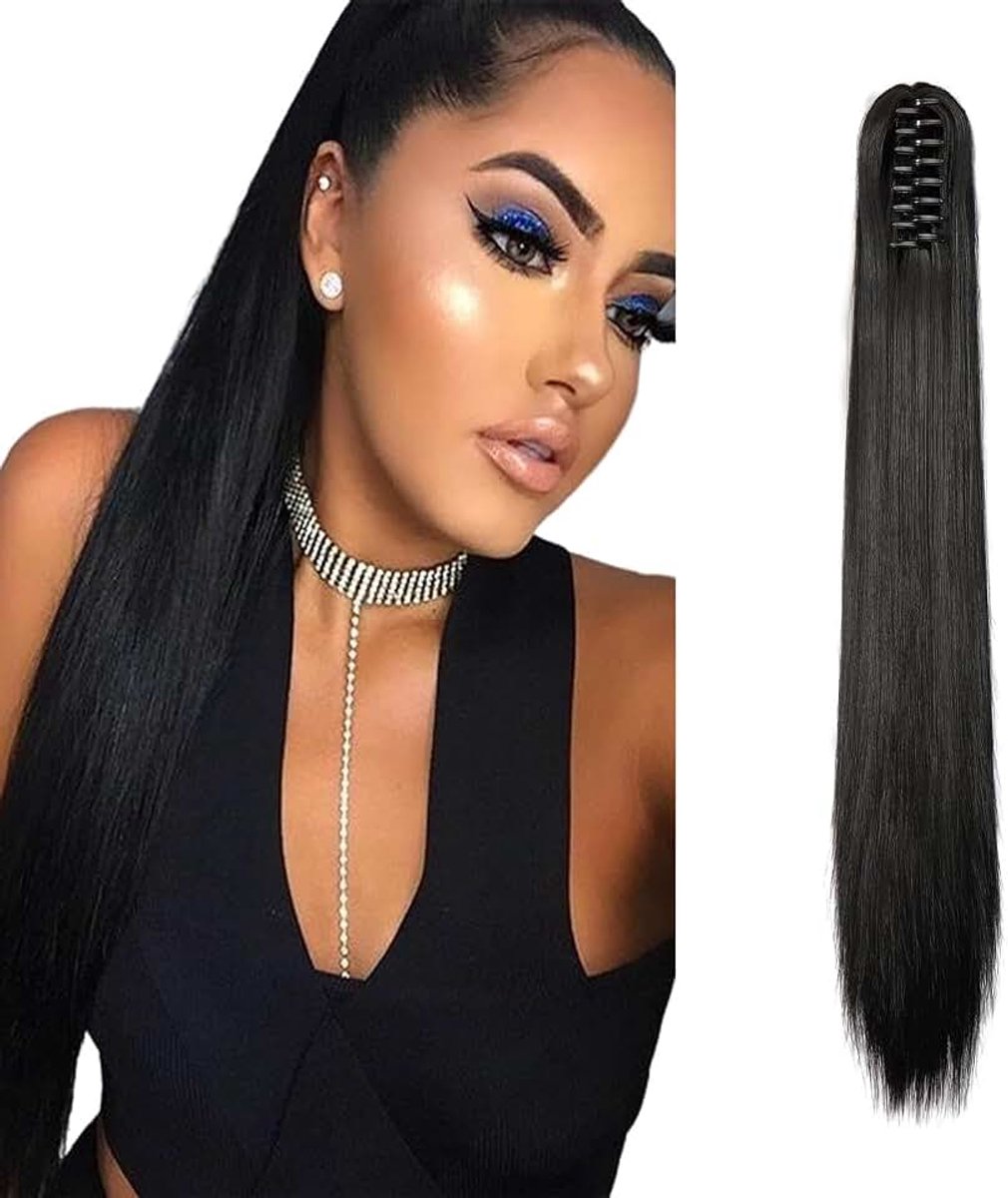 Klauw op Paardenstaart Haarstuk Vlecht Verlenging Rechte Lange Paardenstaart Extensies Haarverlenging Synthetische Ponytail, 55cm Zwart