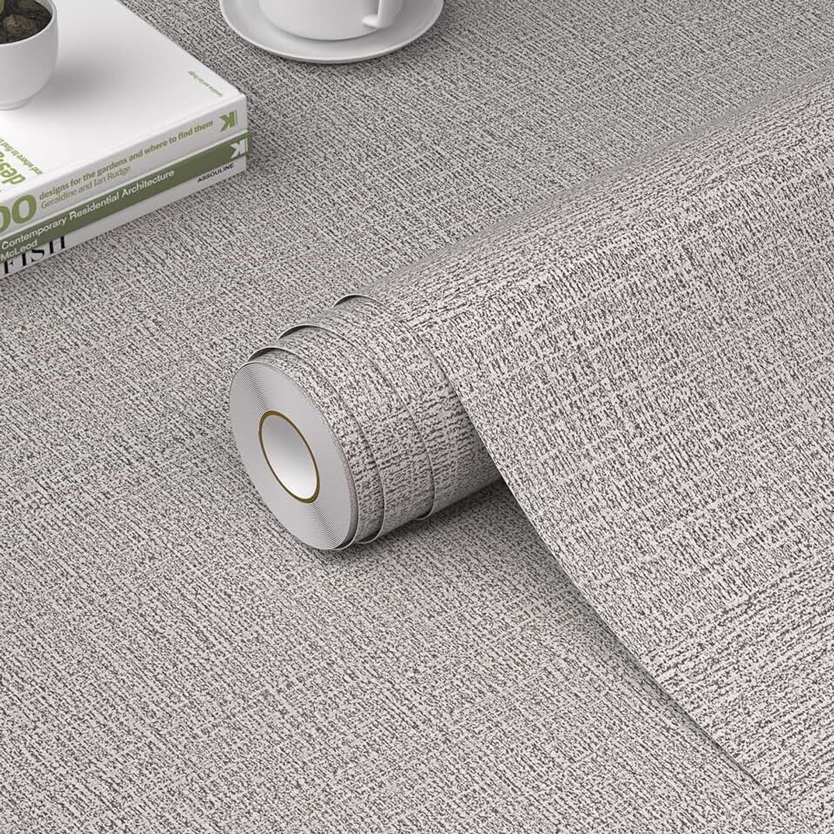 Behang, afpellen en opplakken, gestructureerd contactpapier voor kasten, imitatielinnen, zelfklevend, lichtgrijs