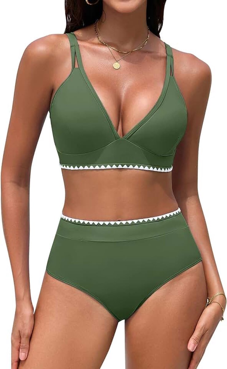 Badpak voor dames, 2-delig, hoge taille, bikini, push-up, gevoerd, figuurvormend, platte buik, sexy, zomer, strand, klassiek, slank, tweedelige zwemkledingset