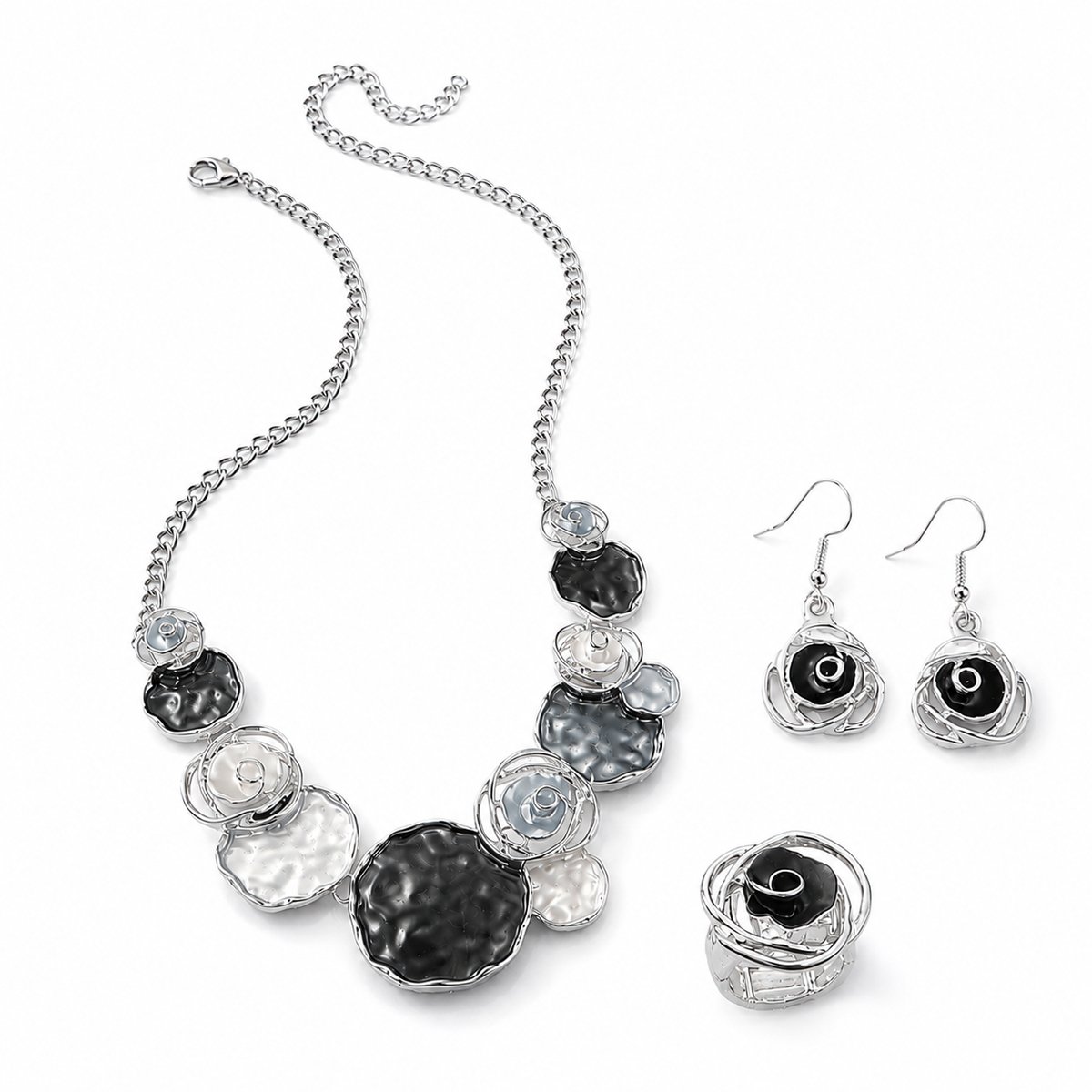 Helin Life Dames Sieradenset – Ketting, Oorbellen & Verstelbare Ring – Zwart/Wit & Zilverkleurig – 3-delige Set