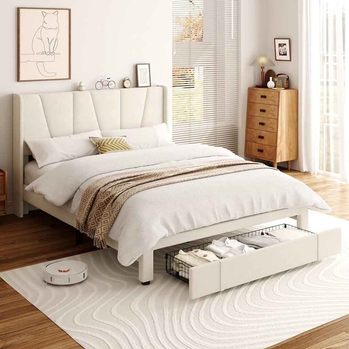 140 x 200 cm met opbergruimte, tweepersoonsbedframe, gestoffeerd bed met hoofdeinde en vleugels, met 1 lade, beige