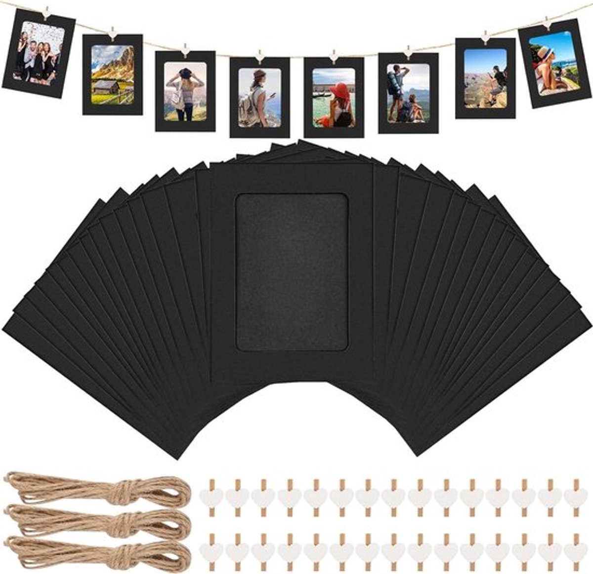 Set van 30 Fotolijsten van Karton 11 x 15 cm in Zwart met Houten Klemmen en Jute Touw voor Verjaardagen, Bruiloften en Creatieve DIY Projecten