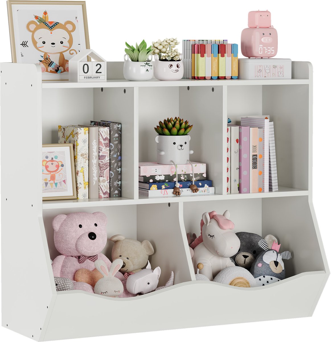 Kinder‑opbergorganizer voor speelgoed en boeken – houten boekenkast met 5 vakken en meerdere schappen – geschikt voor boeken en speelgoed in de babykamer, speelkamer, slaapkamer en hal
