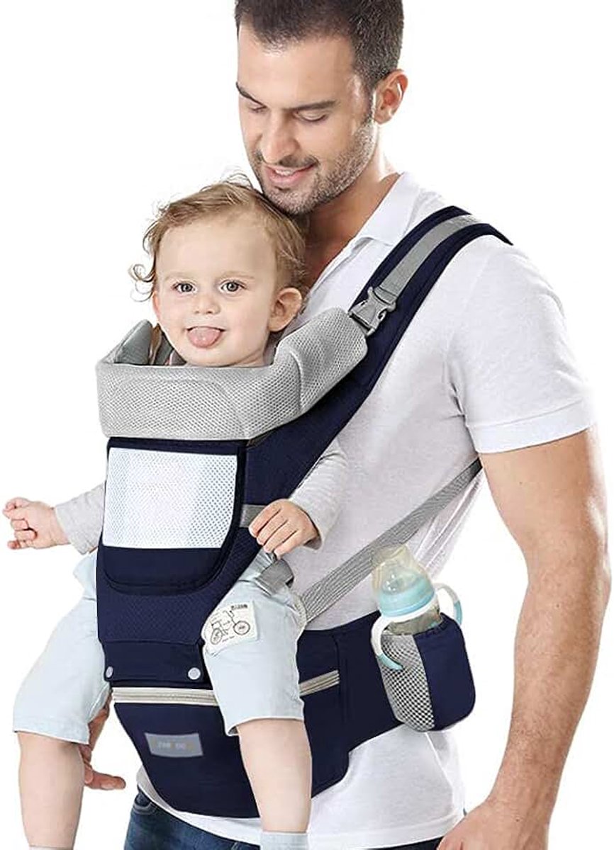 Ergonomisch, Draagzak met Multiposition Hip Seat Hoofdsteun en Kap, Lichtgewicht Ademend Zuiver Katoen voor Baby's en Kinderen van 0-36 Maanden (Minder dan 25kg)