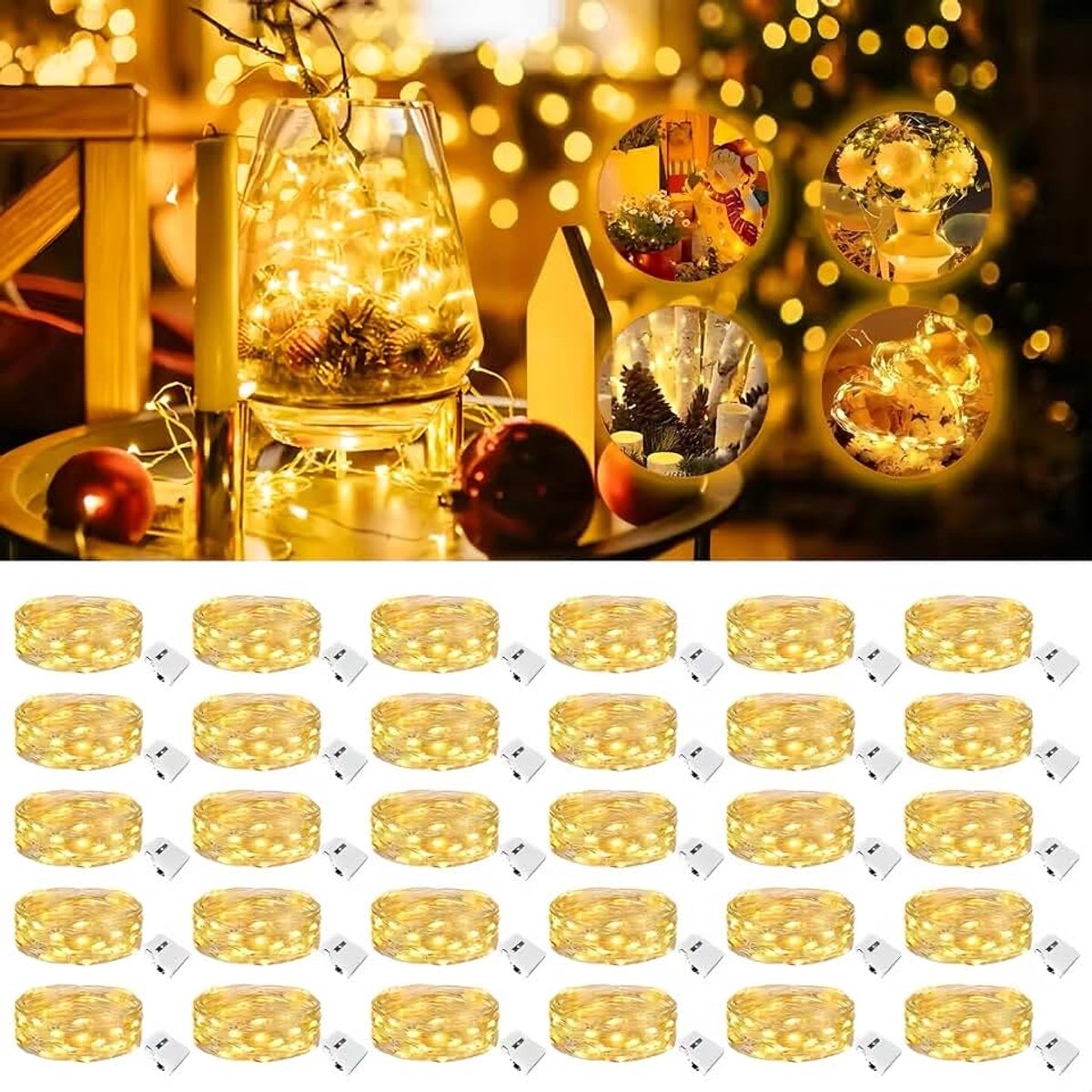 30 stuks, led-lichtketting met batterij, klein, met 3 lichtmodi, 2 m, 20 leds, lichtketting, batterij, koper, draadlichtketting, waterdicht, voor Kerstmis, buiten, tuin, binnen, bruiloft, feest (warm