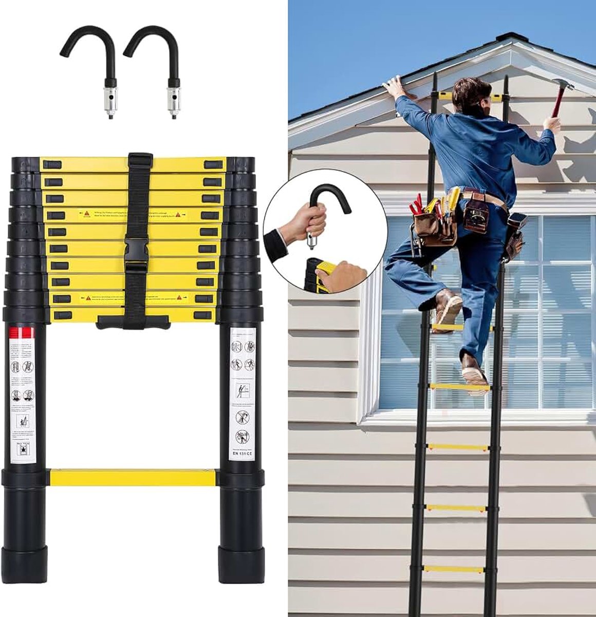 Telescopische ladder, 3,2 m, antislip aluminium multifunctionele ladder met 2 haken, uittrekbare ladder, belastbaar tot 150 kg, huishoudladder voor thuis, werk, uittrekbare ladder, zwart-geel