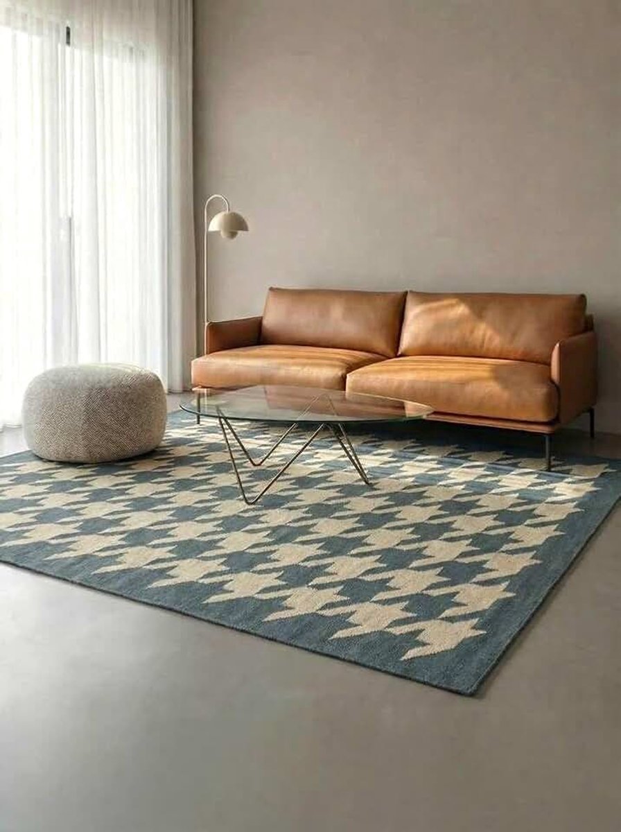 Houndstooth Vloerkleed, 140 x 200 cm, Blauw/Beige | Moderne, Rechthoekig, Middelpolig, Alleen chemisch reinigen, Oeko-Tex 100, Woonkamer, Slaapkamer