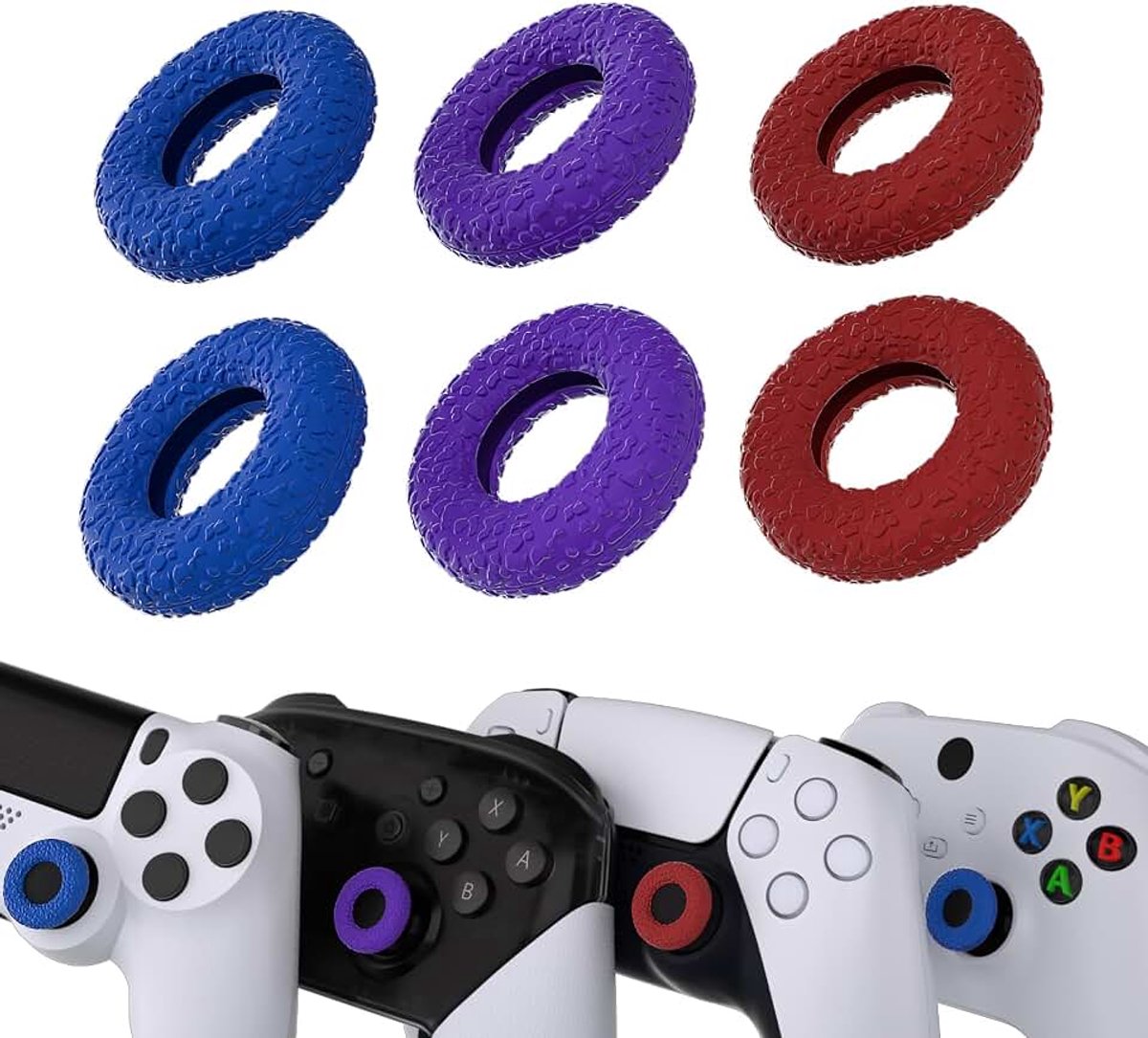 3 Paar Donut Design Silicone Thumb Grips Ringen voor ps5/ps4,Thumbsticks Rings voor Xbox One/Elite Series 2 Core/Xbox Series X S,Duimgrepen Ringen voor Switch Pro-Rood & Blauw & Paars