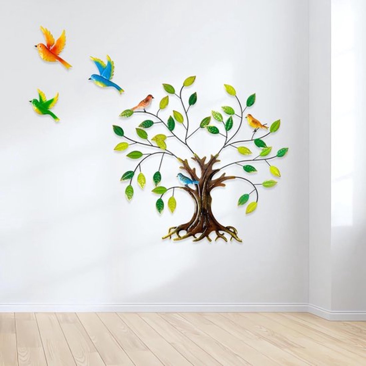 Metalen wanddecoratie met groene bladeren en kolibries - Grote Tree of Life voor huis en tuin, perfect als inspirerend cadeau van 24,8 inch