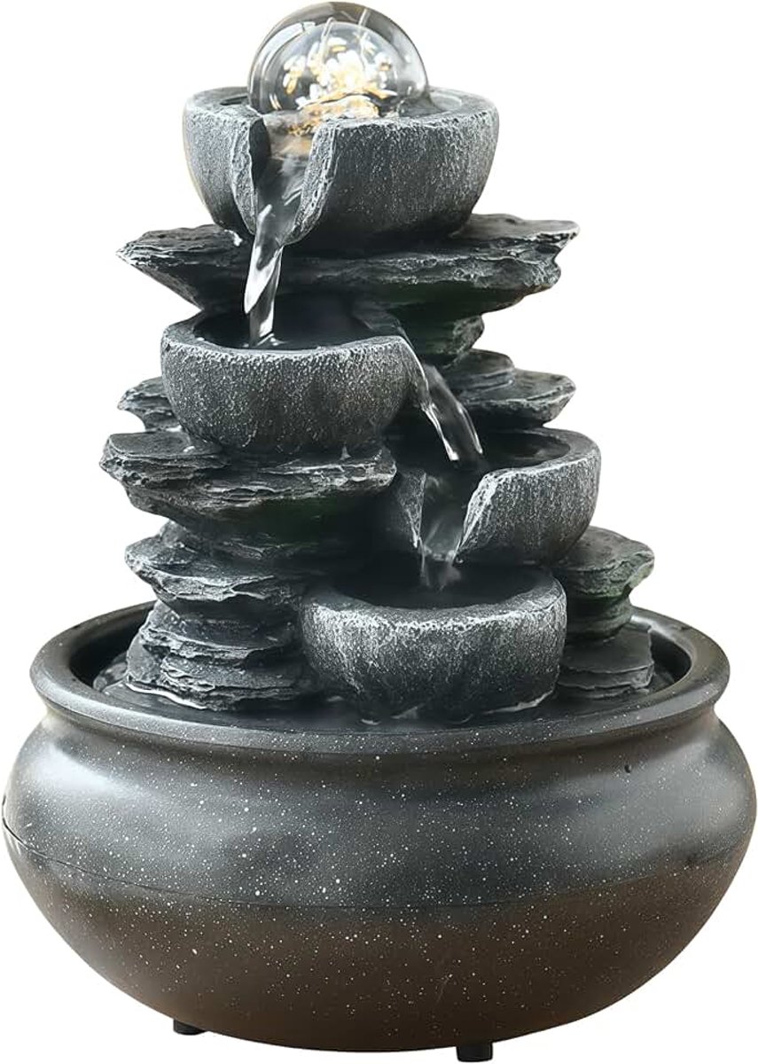 Tafelfontein met rollende bol, natuurlijke waterval | Met steeneffect en gekleurd ledlicht, tafelblad waterfontein, stenen tuinen, Zen tafeldecoratie