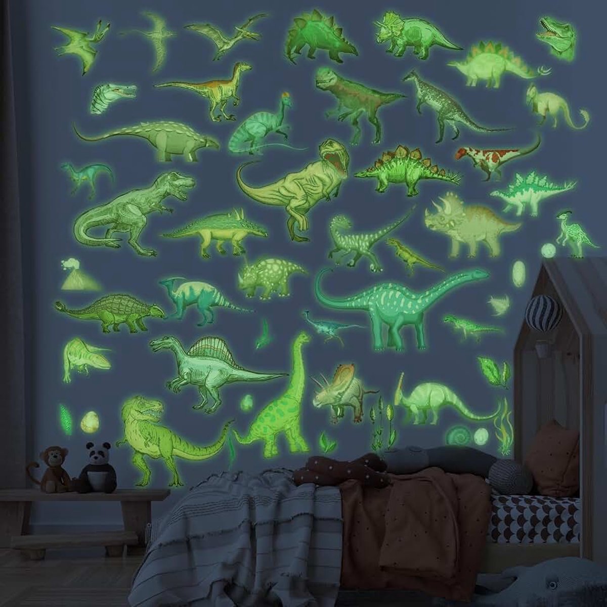 4 Vellen Glow in the Dark Dinosaurus Muur Stickers, Herbruikbaar Behang Dino Slaapkamer Decor voor Jongens Meisjes Kinderkamer Speelkamer Geschenken
