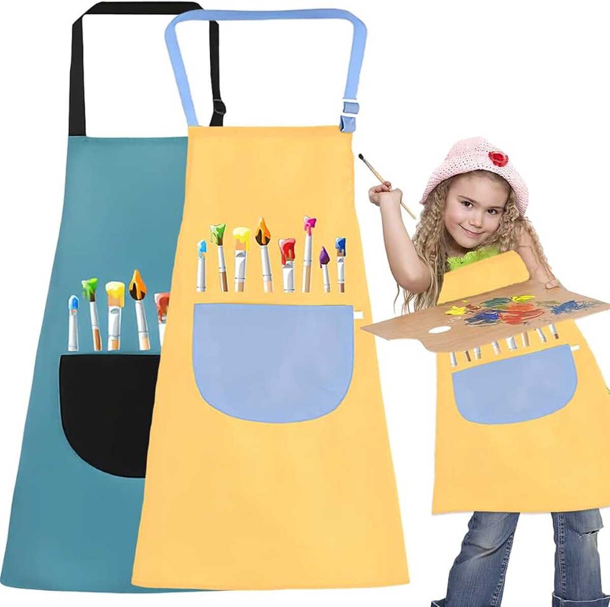 Schorten school 1e klas, schort kinderen school, waterdichte schilderschort, schilderschort kind 7-12 jaar meisjes jongens, kinderschort met zakken, vuilafstotend, olie- en verfbestend