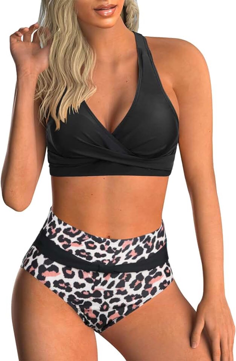 Tweedelige damesbadpakken, bikini met gekruiste top, hoog getailleerde bodem, badpakken voor buikversteviging, badmode met vintage motief