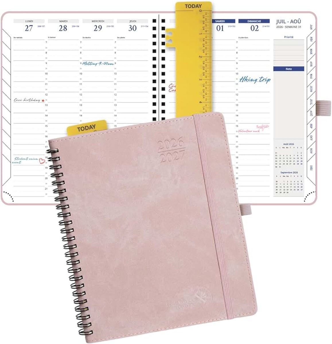 Agenda 2026-2027 weekplanner, Duitse editie,ringband met softcover, 17,6 x 21,4 cm, afsprakenkalender met traptabs, 2 pagina's per week met 30 minuten afstand Roze