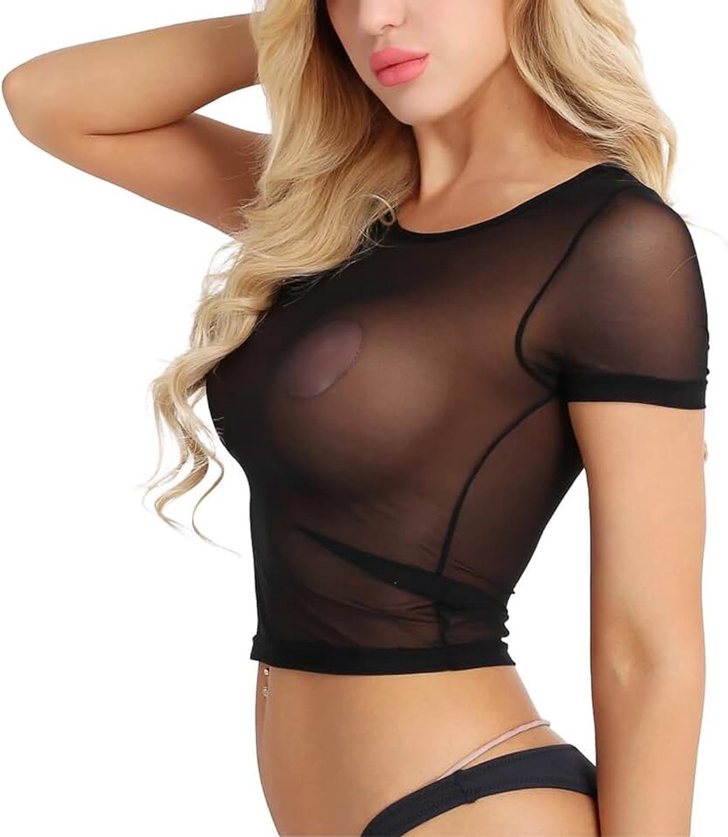 T-shirt transparant sexy mesh korte mouwen crop tops doorzichtige ronde hals buikvrij bovendeel zomer netshirt clubwear bikini cover up