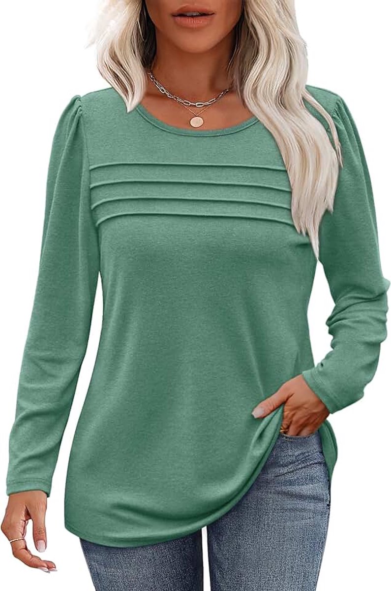 Shirt met lange mouwen dames ronde hals lange mouwen T-shirt dames klassiek geplooid T-shirt katoen mode herfst top