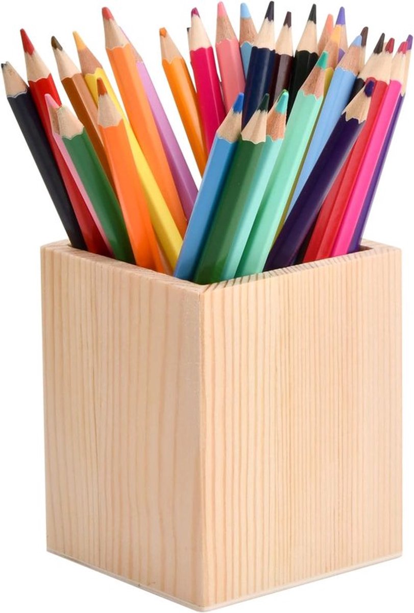 Houten pennenhouder met organizer voor bureau, kantoor, school en make-upkwasten - Vierkant - 10 x 8 x 8 cm