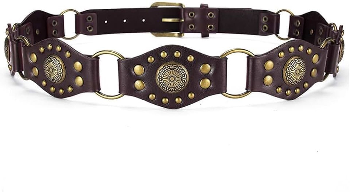 Westernriem voor dames, gegolfd, boho, concho, breed, voor dames, decoratieve riem met klinknagels en verstelbare gesp voor jurken, jeans, rokken
