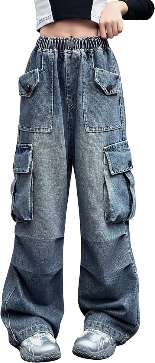 Baggy cargobroek voor meisjes met elastische hoge taille, rechte streetwearbroek met wijde pijpen en meerdere zakken