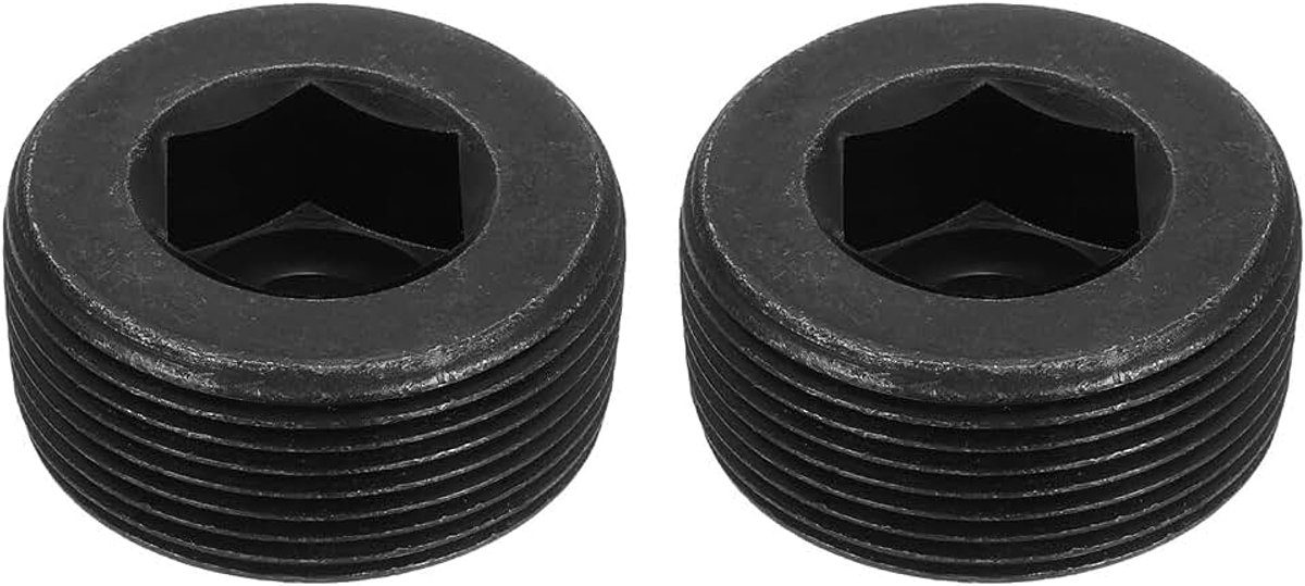 2 stuks buisstoppen met buitendraad, PT 1-1/2 inch, van koolstofstaal met binnenzeskant voor aansluiting en afdichting van buizen, zwart
