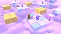 Een klein Sanrio-personage met blauwe haren staat op een zwevend platform van roze, paarse en gele blokken in een wolkenomgeving.