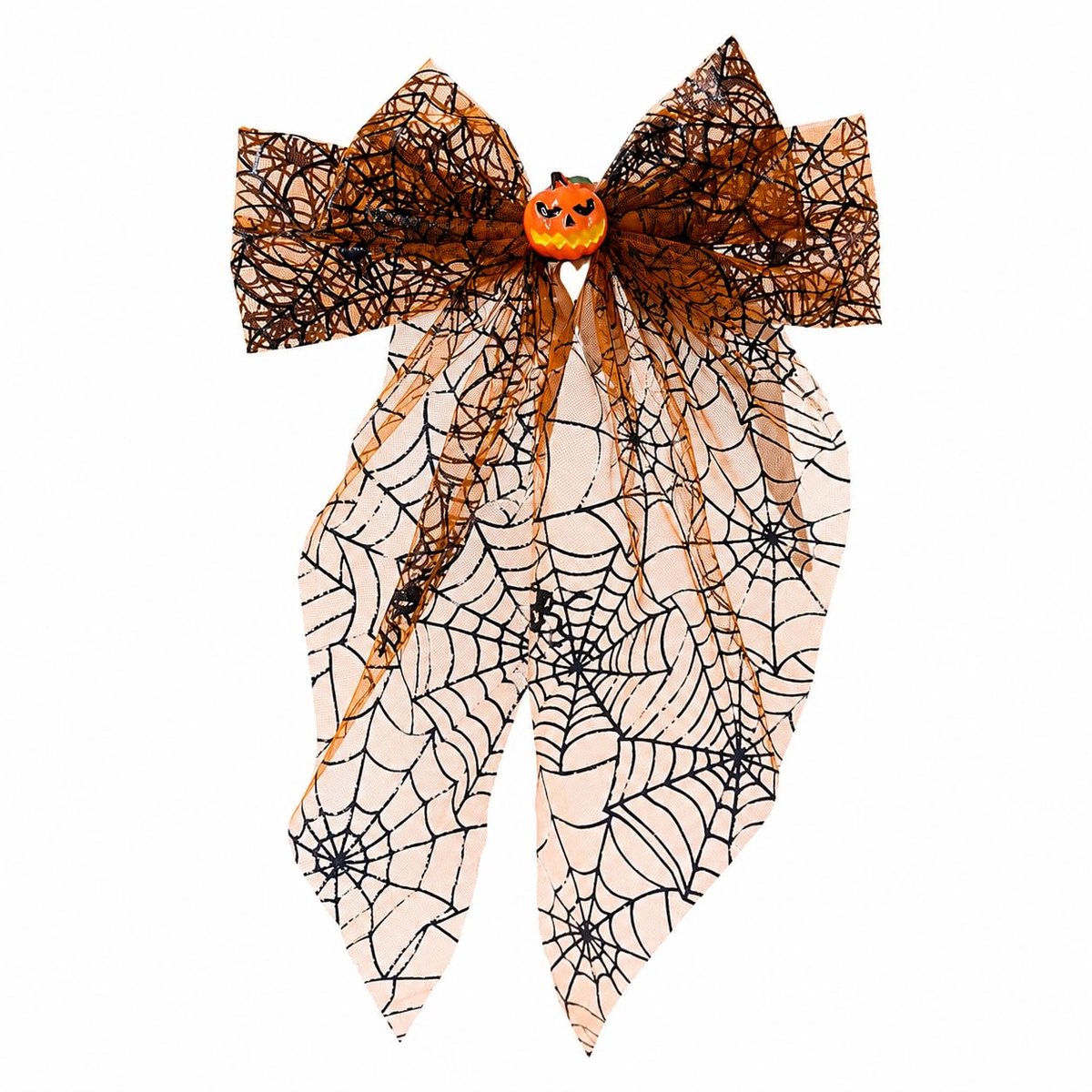 2 Stuks Halloween Haarstrik met Spinnenweb - Oranje - Kanten Lint en Lange Staart - Franse Barrette - Voor Cosplay en Feest