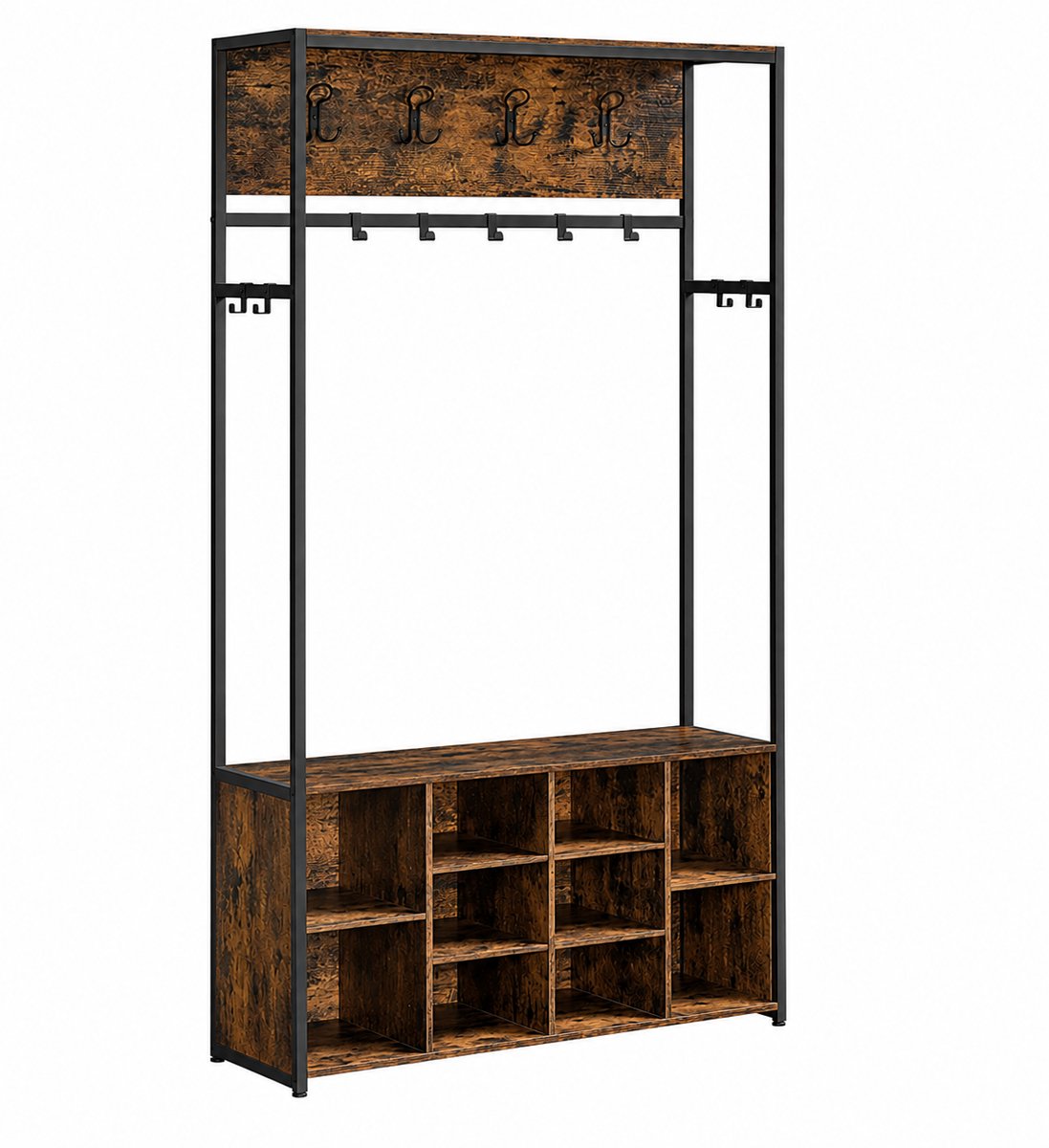 Loushops - Kapstok - Kapstok Staand - Garderoberek - Kapstok met Haken - 10 Vakken - 13 Haken - Zitbankje - Staal - Zwart - Hout