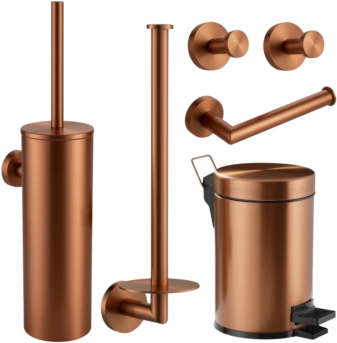 Toiletaccessoireset Koper - Pedaalemmer 3L - Toiletborstelhouder - Toiletrolhouder - Reserverolhouder - Handdoekhaakjes - Geborsteld Koper PVD