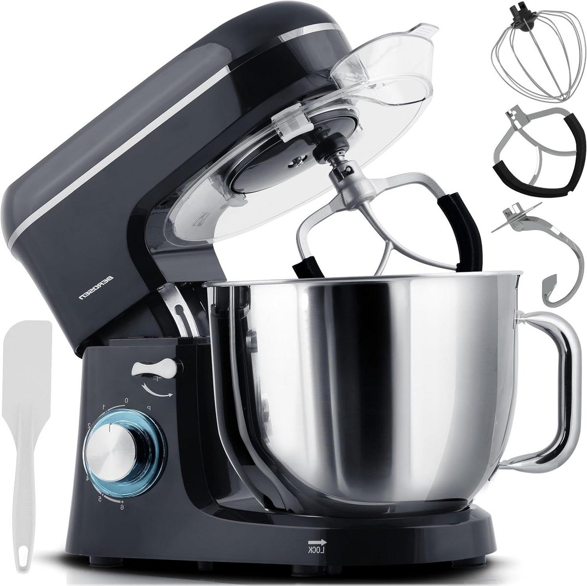 Keukenmachine 1400W - Bakmixer Multimixer - Zelf Bakken - Koperen Motor - 6 Liter Kom - Zwart Zilver