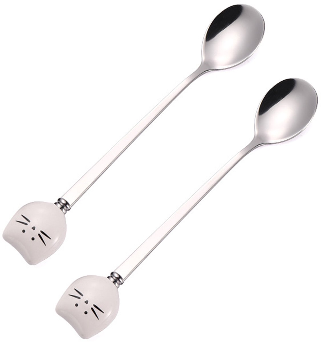 2PCS Koffielepel met lange steel- dessertlepel- keramische kattenlepel en creatieve roestvrijstalen lepel (Wit).